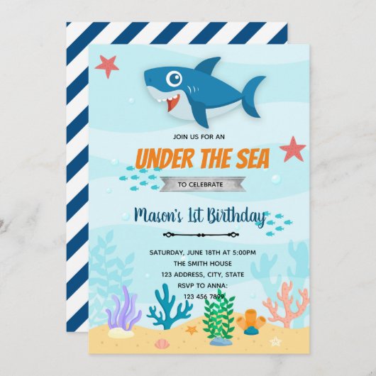 海の誕生日の招待を受けたサメ 招待状 (正面/裏面)