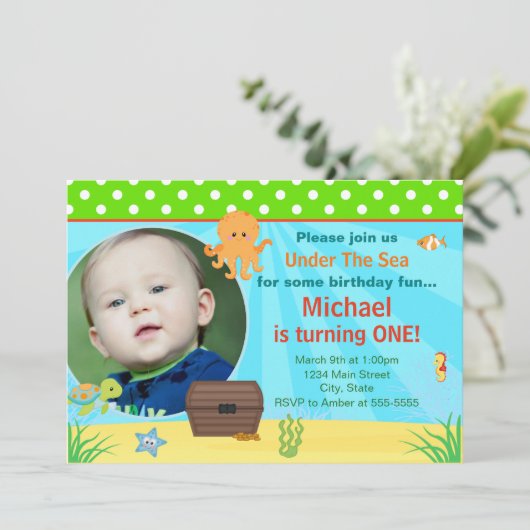海の誕生日の招待状5x7の写真カードの下 招待状 (スタンド正面)