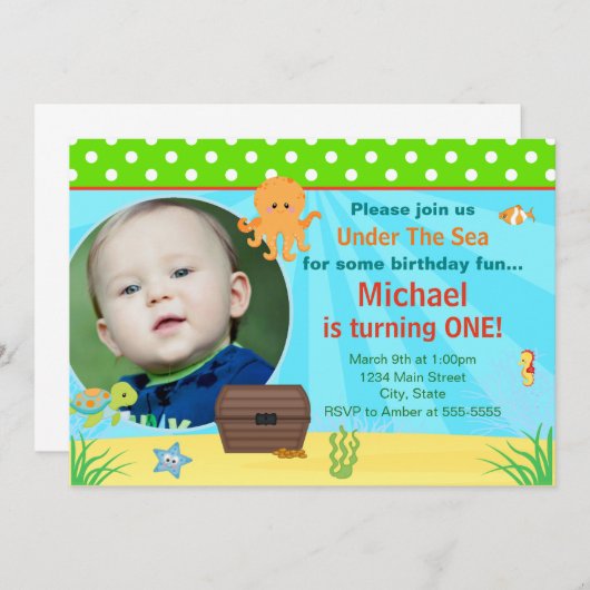 海の誕生日の招待状5x7の写真カードの下 招待状 (正面/裏面)