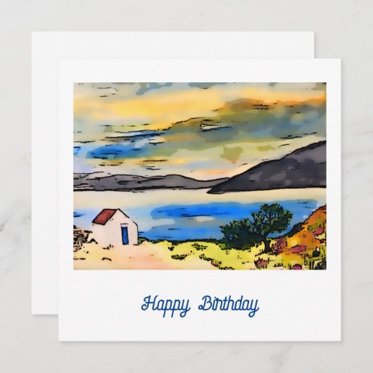 海の誕生日カードの近くのコテージ (正面/裏面)