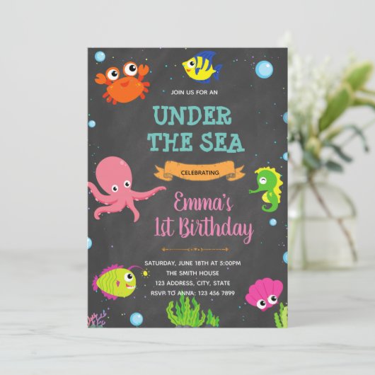 海の誕生日シャワーの招待の下でかわいい 招待状 (スタンド正面)