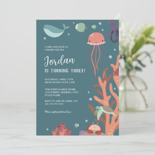 海の誕生日パーティーでかわいい 招待状 (スタンド正面)