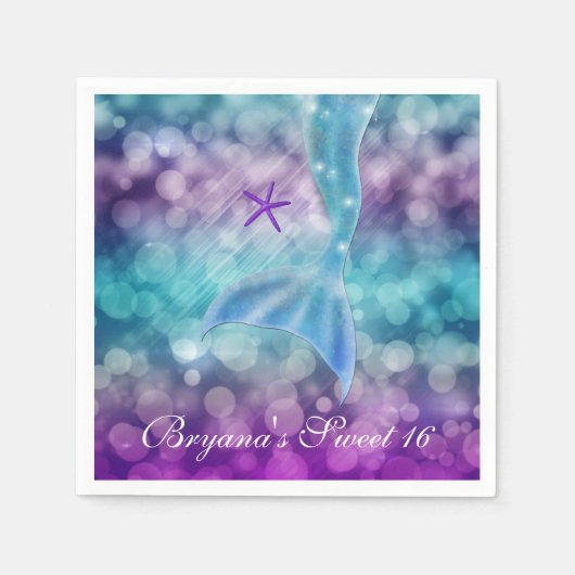 海の誕生日パーティーのナプキンスの下の人魚の尾 スタンダードカクテルナプキン (正面)