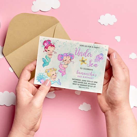 海の誕生日パーティーの下でかわいい人魚 招待状