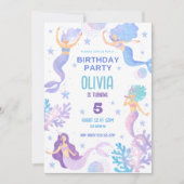 海の誕生日パーティーの下でかわいい人魚 招待状 (正面)