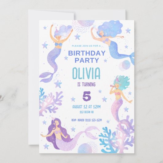 海の誕生日パーティーの下でかわいい人魚 招待状 (正面)