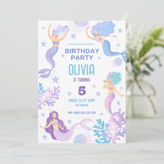 海の誕生日パーティーの下でかわいい人魚 招待状 (スタンド正面)