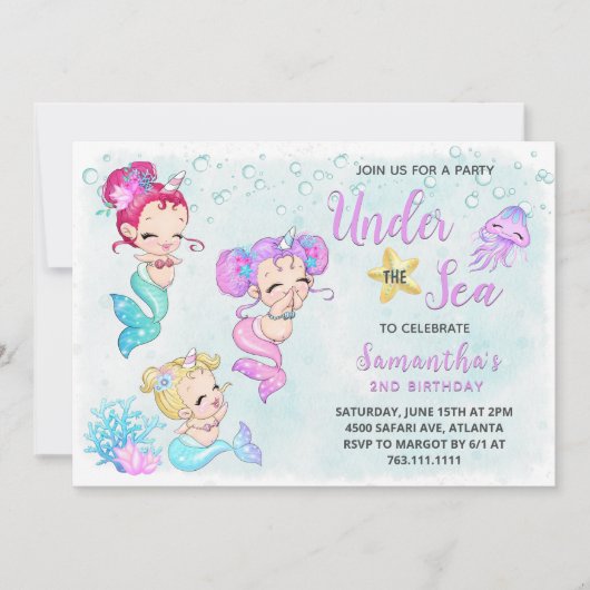 海の誕生日パーティーの下でかわいい人魚 招待状 (正面)