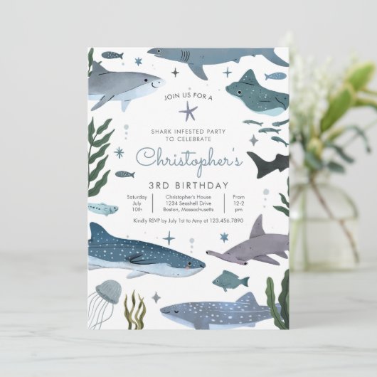 海の誕生日パーティーの下でサメ 招待状 (スタンド正面)