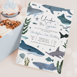 海の誕生日パーティーの下でサメ 招待状