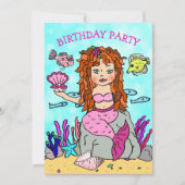 海の誕生日パーティーの下でシェルと人魚 招待状 (正面)