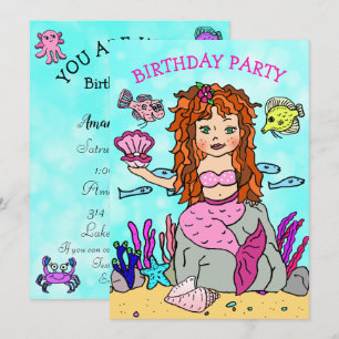 海の誕生日パーティーの下でシェルと人魚 招待状