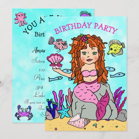 海の誕生日パーティーの下でシェルと人魚 招待状 (正面/裏面)