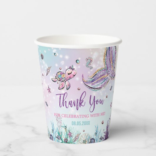 海の誕生日パーティーの下でシックなマーメイドテール 紙コップ (裏面)