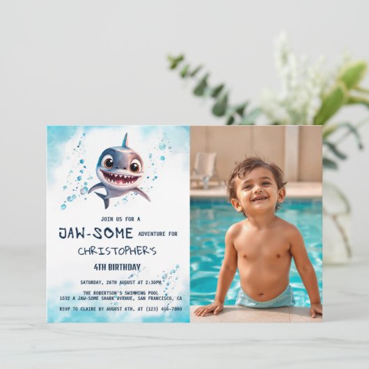 海の誕生日パーティーの下でシャーク・ジャワソーム写真 招待状 (スタンド正面)