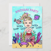 海の誕生日パーティーの下でポニーテール人魚 招待状 (正面)