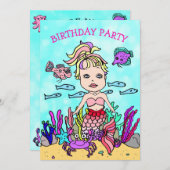 海の誕生日パーティーの下でポニーテール人魚 招待状 (正面/裏面)