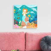 海の誕生日パーティーの下で人魚とイルカ キャンバスプリント (インサイチュ (リビング))