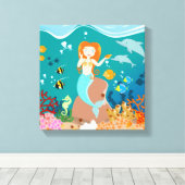 海の誕生日パーティーの下で人魚とイルカ キャンバスプリント (インサイチュ (ウッドフロア))