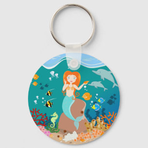 海の誕生日パーティーの下で人魚とイルカ キーホルダー