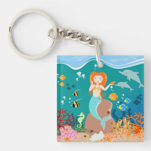 海の誕生日パーティーの下で人魚とイルカ キーホルダー (正面)