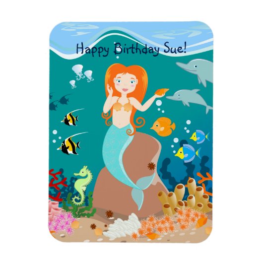 海の誕生日パーティーの下で人魚とイルカ マグネット (縦)