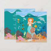 海の誕生日パーティーの下で人魚とイルカ 招待状 (正面/裏面)