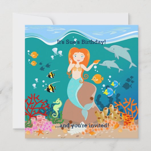 海の誕生日パーティーの下で人魚とイルカ 招待状 (正面)