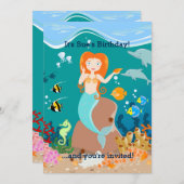 海の誕生日パーティーの下で人魚とイルカ 招待状 (正面/裏面)