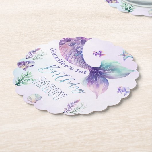 海の誕生日パーティーの下で人魚の尾 ペーパーコースター (アングル)