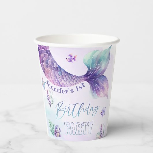 海の誕生日パーティーの下で人魚の尾 紙コップ (裏面)