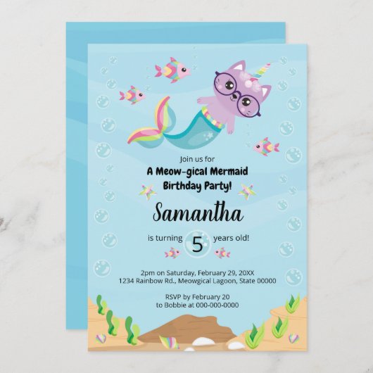 海の誕生日パーティーの下で人魚ユニコーン 招待状 (正面/裏面)