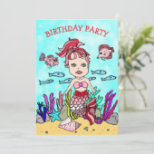 海の誕生日パーティーの下で赤とピンクの人魚 招待状 (スタンド正面)