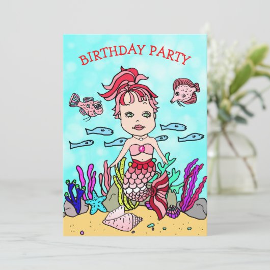 海の誕生日パーティーの下で赤とピンクの人魚 招待状 (スタンド正面)