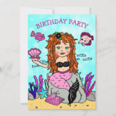 海の誕生日パーティーの下で赤毛の人魚 招待状 (正面)