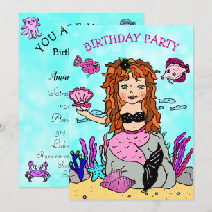 海の誕生日パーティーの下で赤毛の人魚 招待状