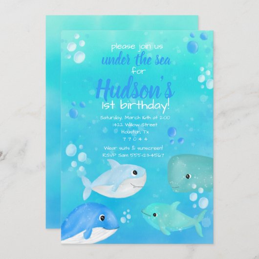 海の誕生日パーティーの下で、海の動物たち 招待状 (正面/裏面)