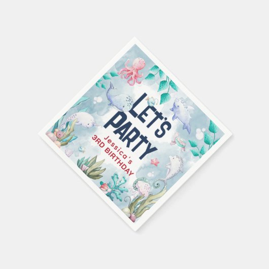 海の誕生日パーティーの下にかわいいキッズウォーター色 スタンダードカクテルナプキン (角)