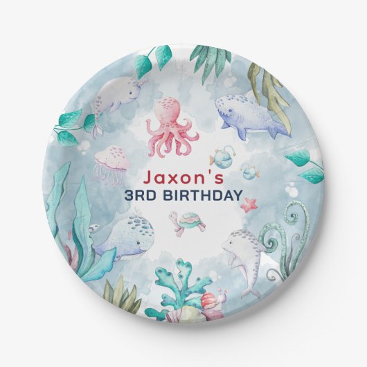 海の誕生日パーティーの下にかわいいキッズウォーター色 ペーパープレート (正面)
