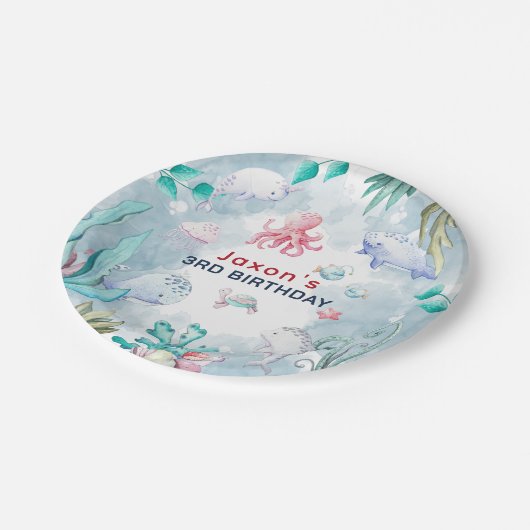 海の誕生日パーティーの下にかわいいキッズウォーター色 ペーパープレート (アングル)