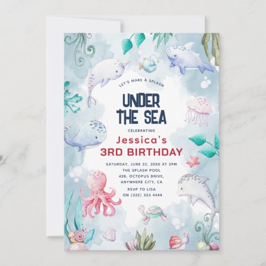 海の誕生日パーティーの下にかわいいキッズウォーター色 招待状 (正面)