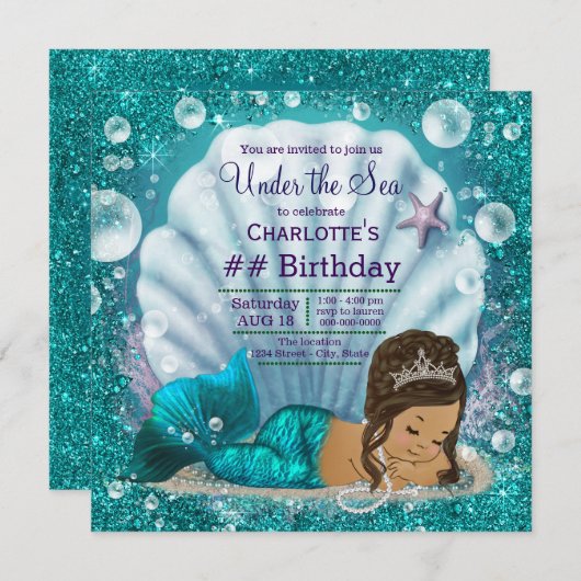 海の誕生日パーティーの下のエスニック人魚 招待状 (正面/裏面)