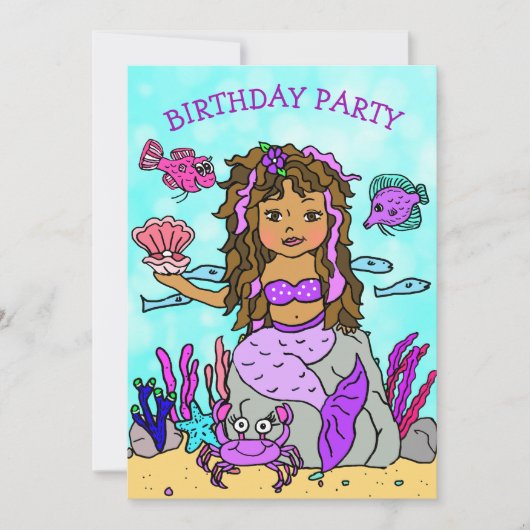 海の誕生日パーティーの下のエスニック人魚 招待状 (正面)