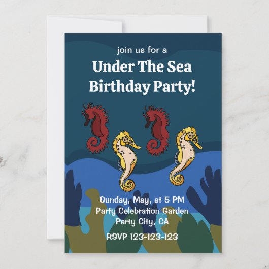 海の誕生日パーティーの下のシーホース珊瑚 招待状 (正面)
