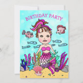 海の誕生日パーティーの下のピンクの人魚 招待状 (正面)