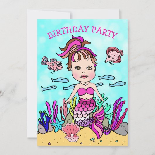 海の誕生日パーティーの下のピンクの人魚 招待状 (正面)