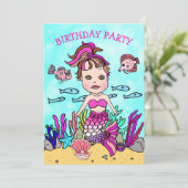 海の誕生日パーティーの下のピンクの人魚 招待状 (スタンド正面)