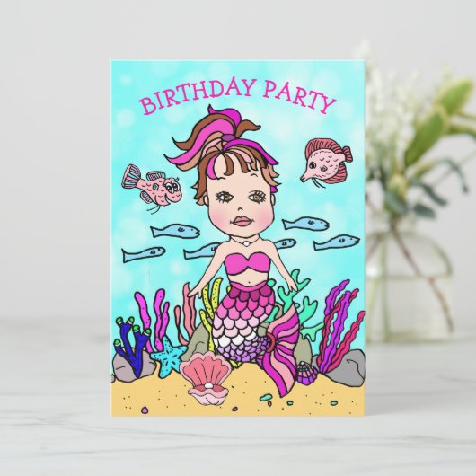 海の誕生日パーティーの下のピンクの人魚 招待状 (スタンド正面)