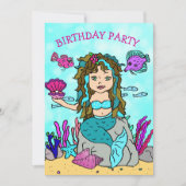 海の誕生日パーティーの下のブルネットマーメイド 招待状 (正面)