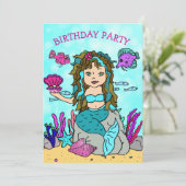 海の誕生日パーティーの下のブルネットマーメイド 招待状 (スタンド正面)